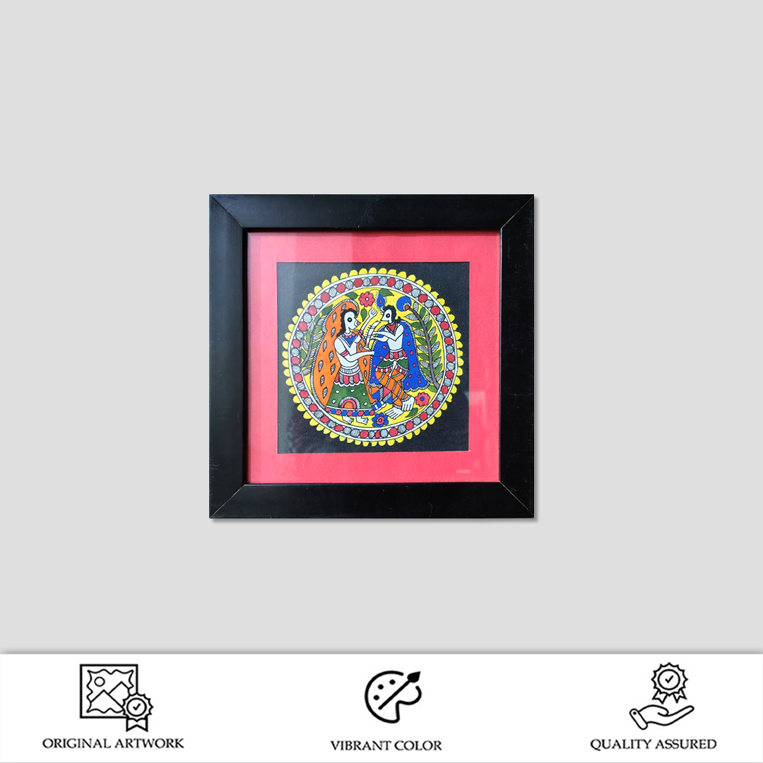Framed Madhubani Radha Krishna Painting – Traditional Folk Art Wall Décor (9.5 x 9.5 Inch) - Image 2