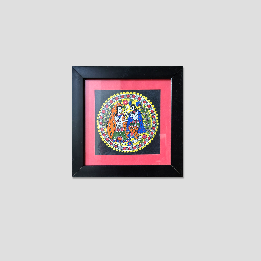 Framed Madhubani Radha Krishna Painting – Traditional Folk Art Wall Décor (9.5 x 9.5 Inch) - Image 3