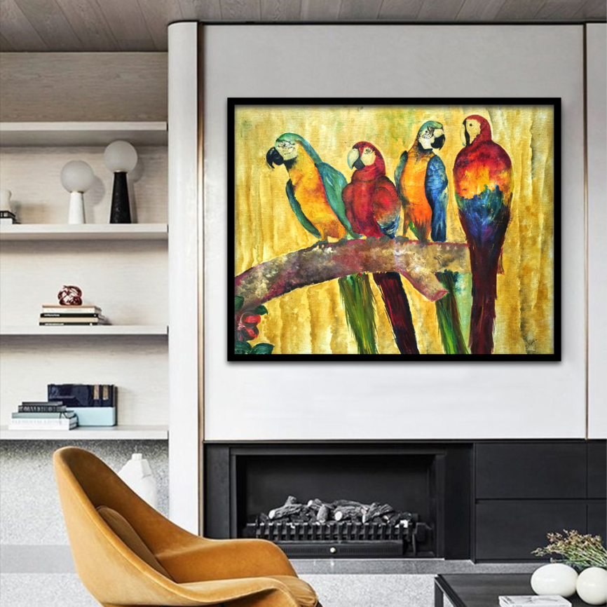 Vibrant Parrots on Branch – Hand-Painted Watercolor Artwork
