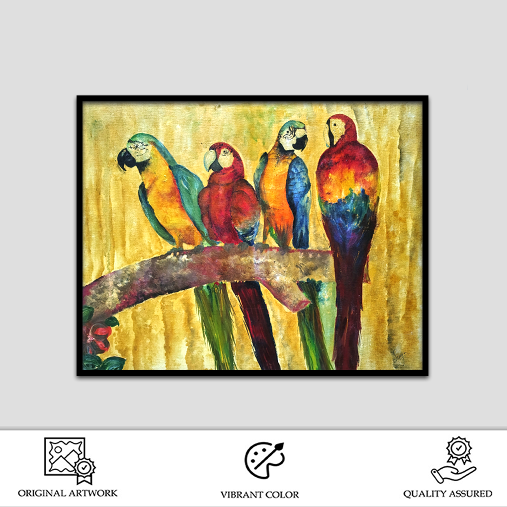 Vibrant Parrots on Branch – Hand-Painted Watercolor Artwork - Image 2