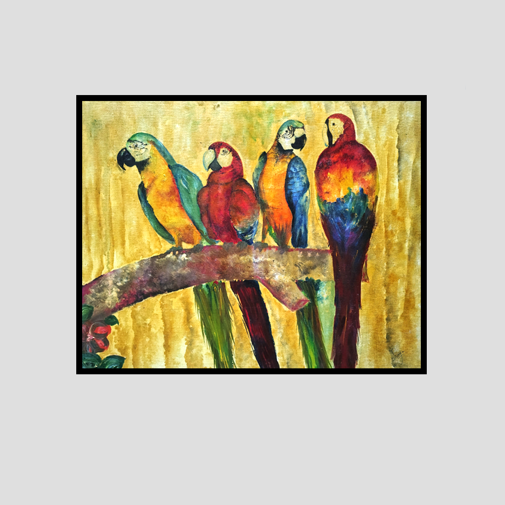 Vibrant Parrots on Branch – Hand-Painted Watercolor Artwork - Image 3