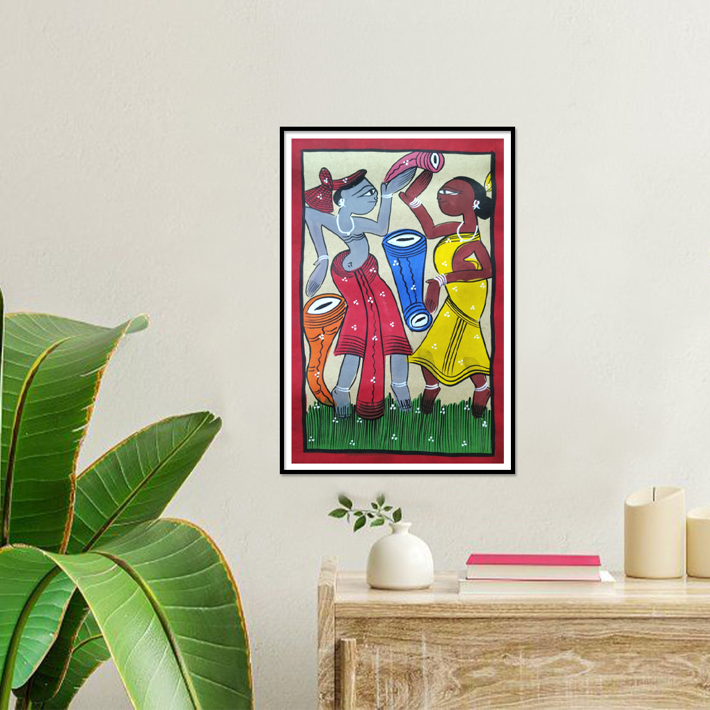 Tribal Women Dancing Folk Art Painting | Vibrant Ethnic Village Life Wall Décor