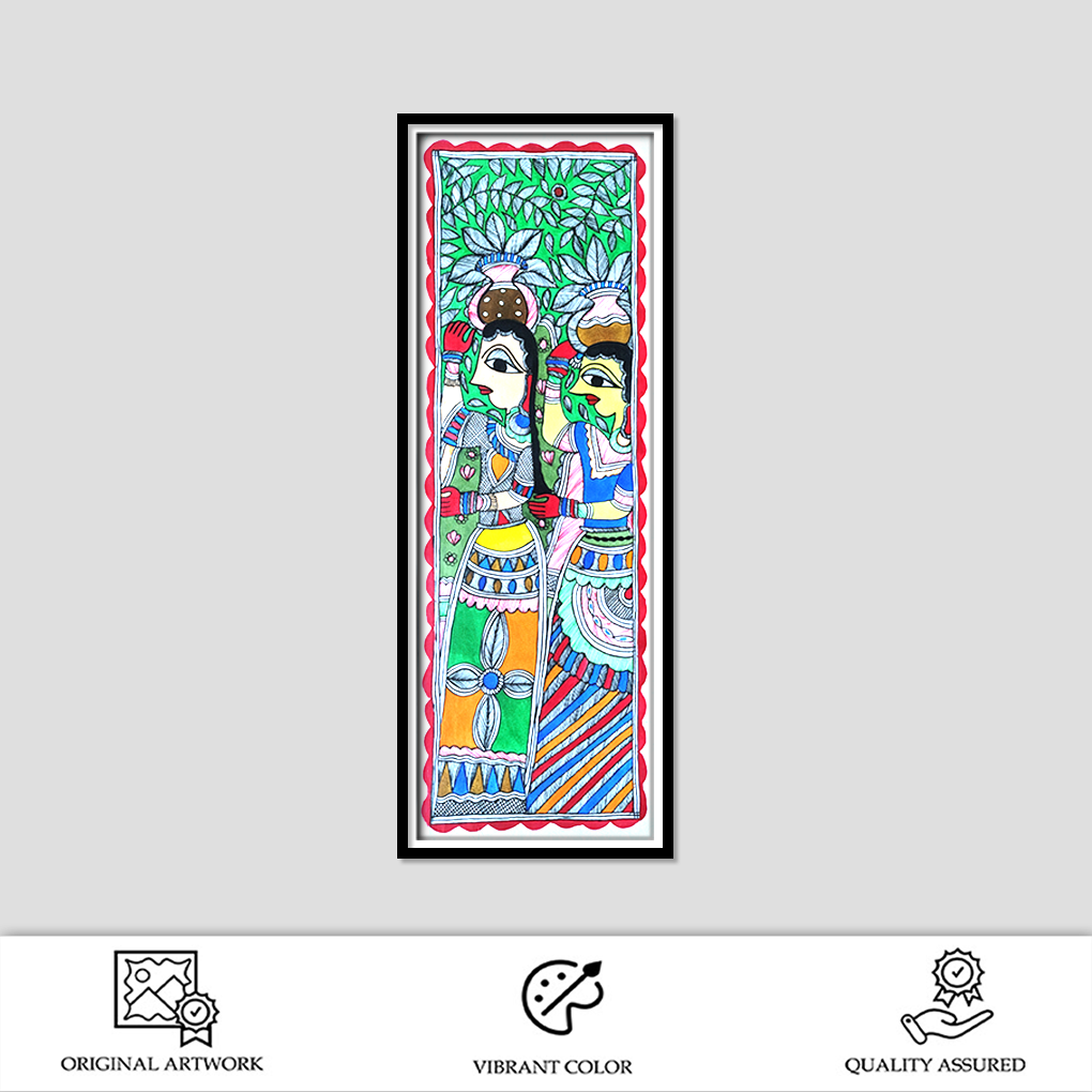 Hand-Painted Madhubani Artwork – Traditional Women Under Tree - Image 2