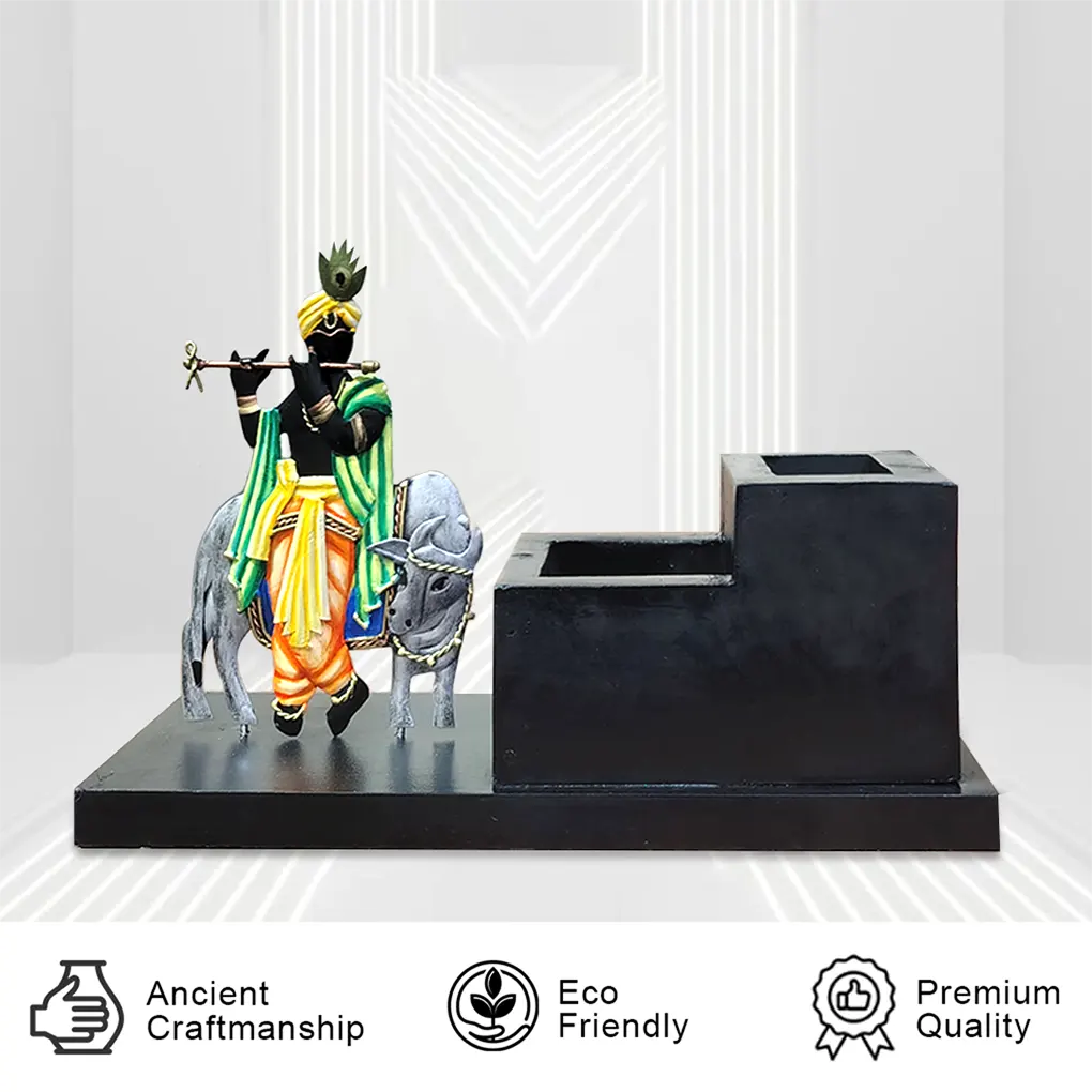 Handcrafted Krishna Pen Stand & Desk Organizer – Customizable Wooden Memento for Office & Home Décor - Image 2