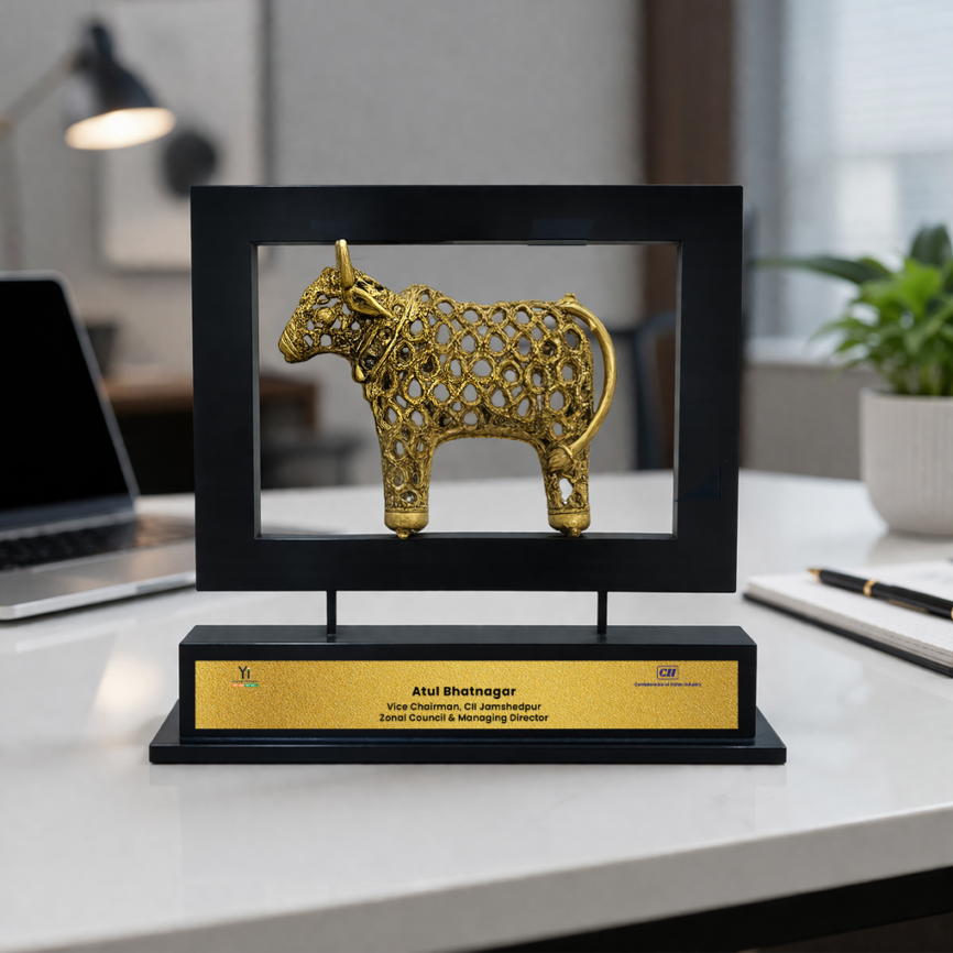 Handcrafted Dhokra Art Cow Frame Memento – Traditional Brass Tribal Decor | Customizable Antique Gift