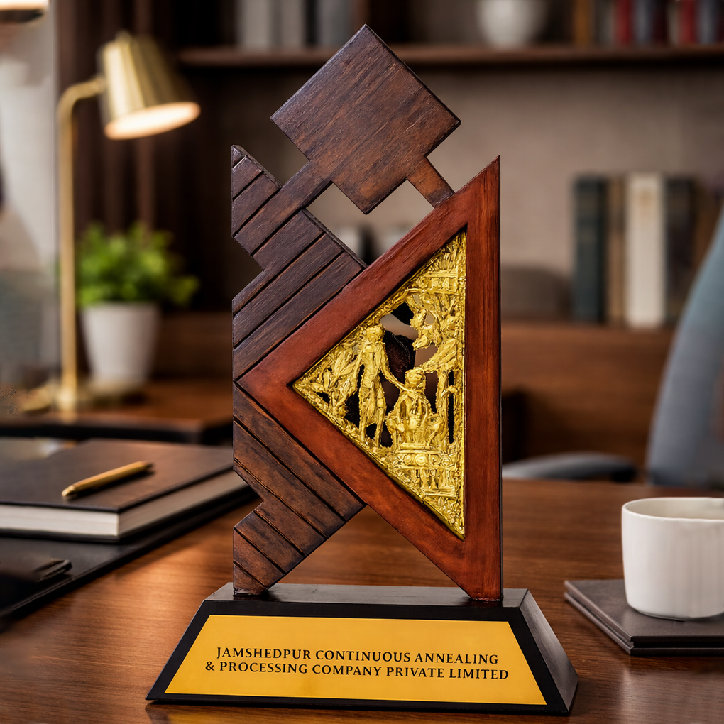 Handcrafted Tribal Art Wooden Memento with Triangle Frame Design