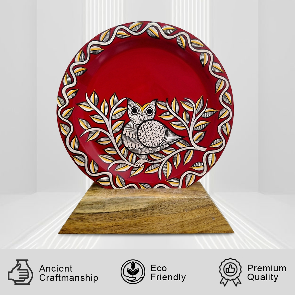 Handcrafted Owl Tribal Art Plate Showpiece | Wooden Base Decorative Memento | Antique Finish - Image 2