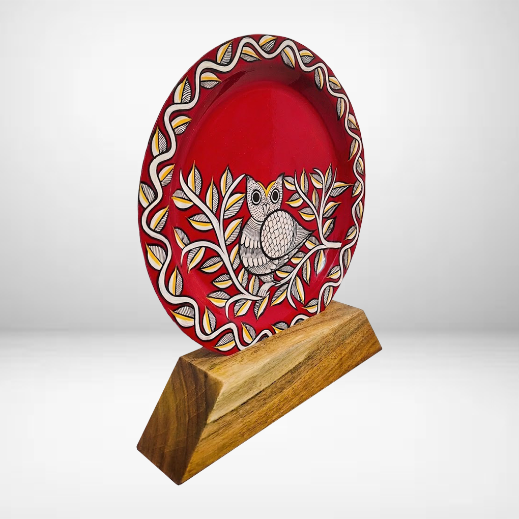 Handcrafted Owl Tribal Art Plate Showpiece | Wooden Base Decorative Memento | Antique Finish - Image 3