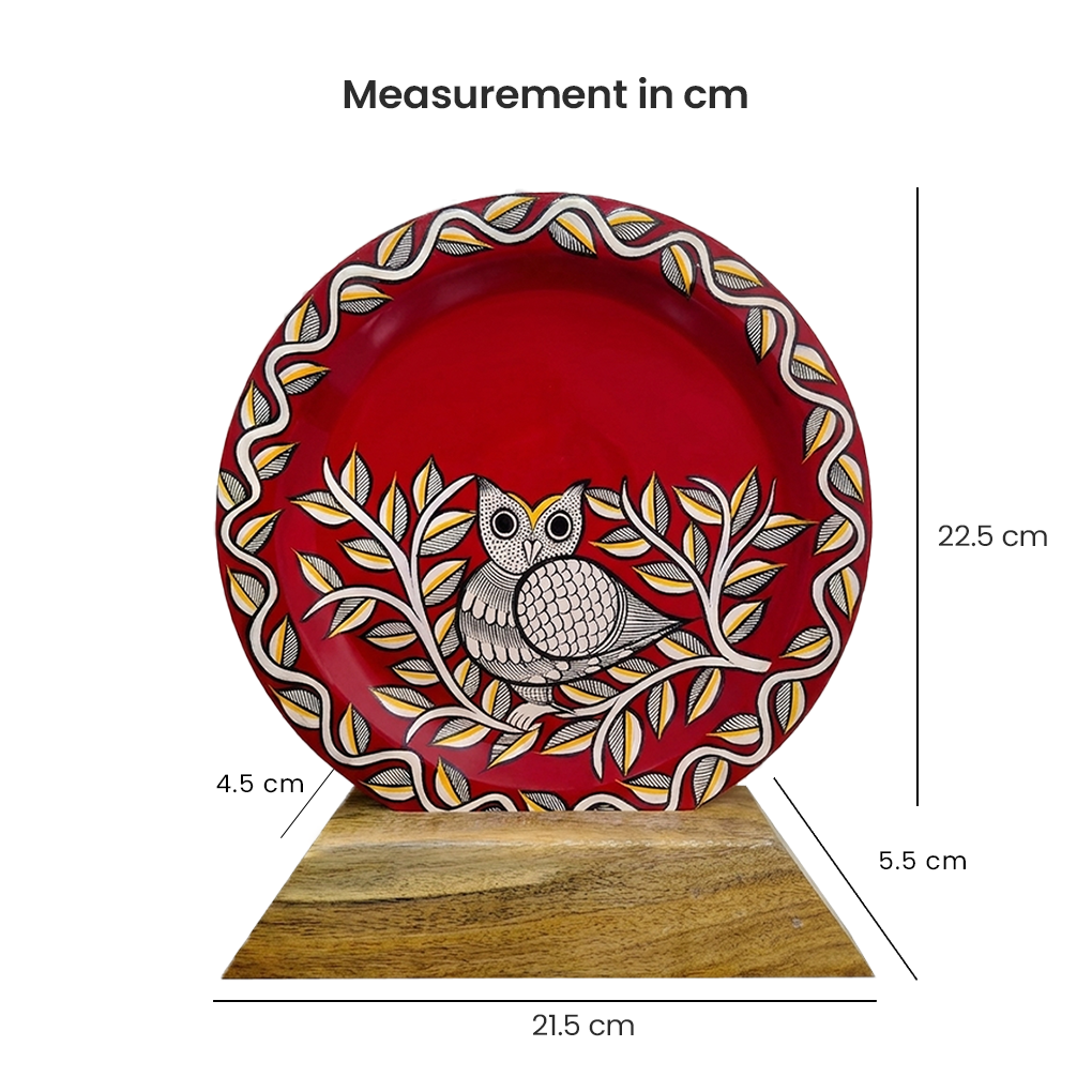 Handcrafted Owl Tribal Art Plate Showpiece | Wooden Base Decorative Memento | Antique Finish - Image 6