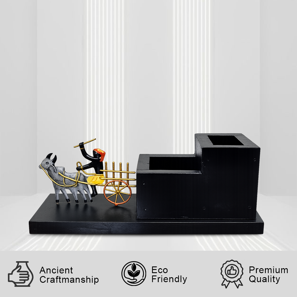 Handcrafted Bullock Cart Tribal Art Pen Stand | Wooden Desk Organizer Memento | Antique Finish - Image 2