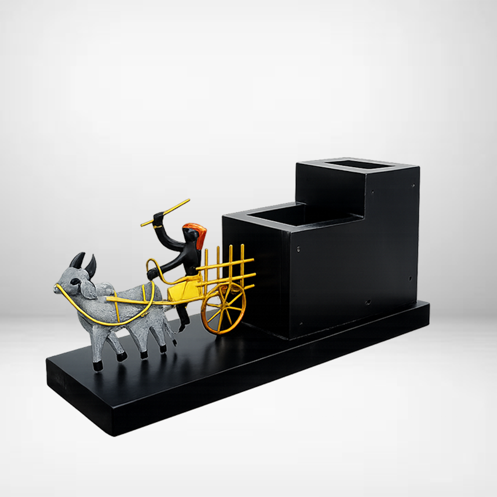 Handcrafted Bullock Cart Tribal Art Pen Stand | Wooden Desk Organizer Memento | Antique Finish - Image 3