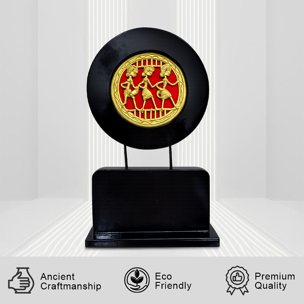 Handcrafted Tribal Dance Wall Plate Memento with Wooden Base - Image 3