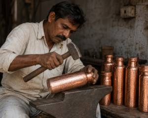 Indian artisan hand-hammering a copper bottle on an anvi