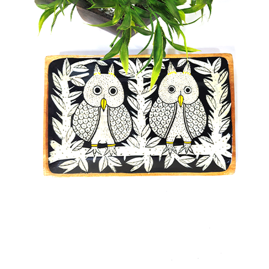 Handcrafted Owl-Themed Wooden Serving Tray | Traditional Folk Art Decorative Tray