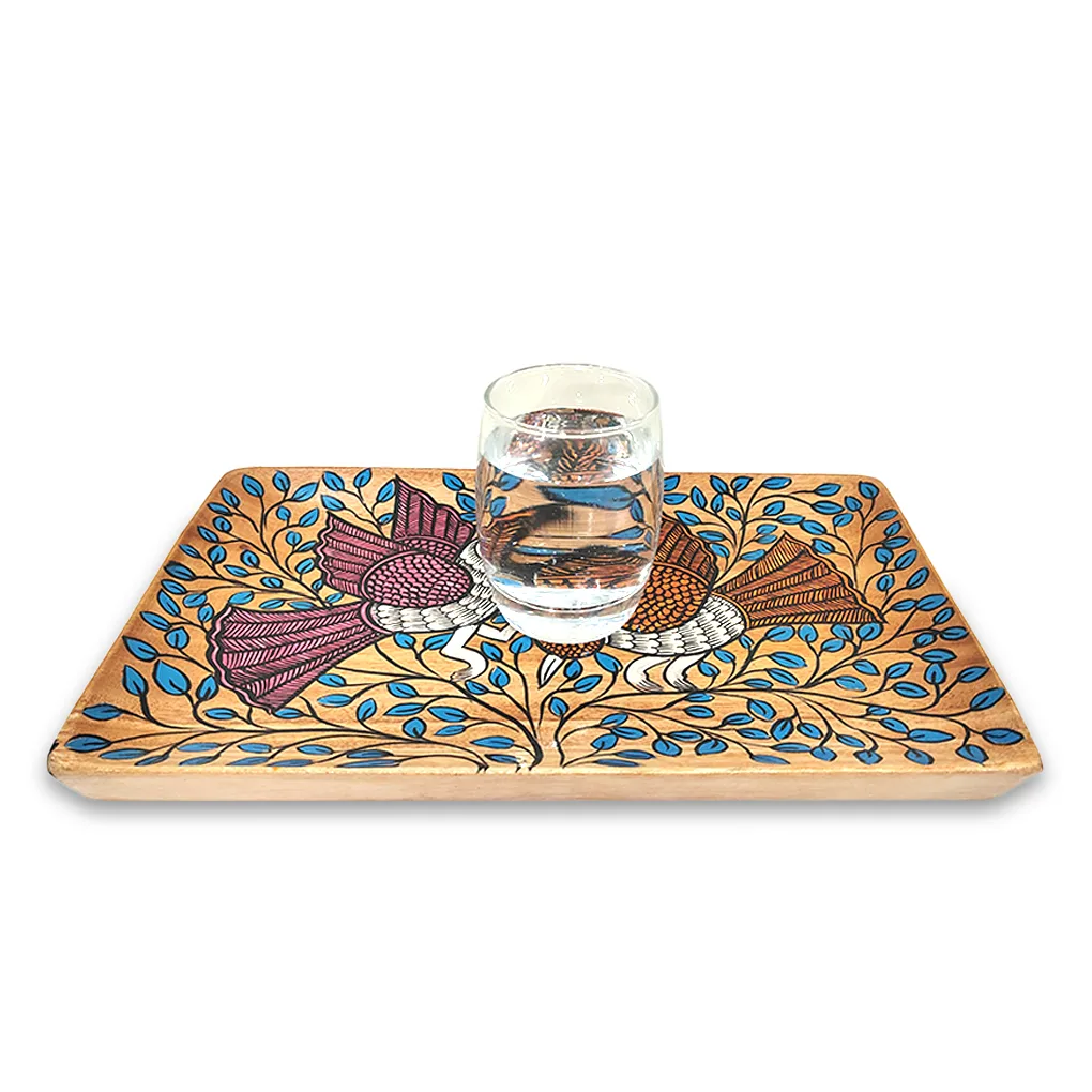 Handcrafted Pattachitra Wooden Serving Tray with Twin Bird Motif | Traditional Indian Folk Art Decorative Tray - Image 2