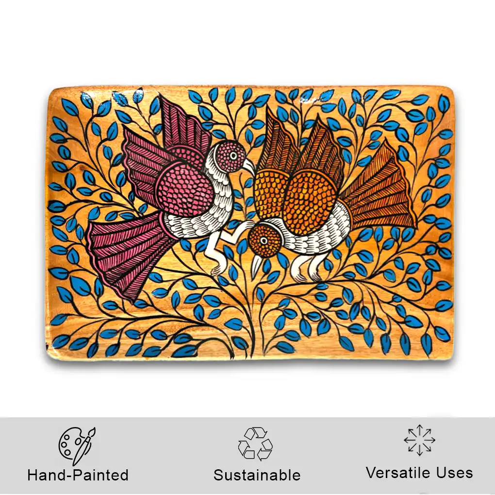 Handcrafted Pattachitra Wooden Serving Tray with Twin Bird Motif | Traditional Indian Folk Art Decorative Tray - Image 3
