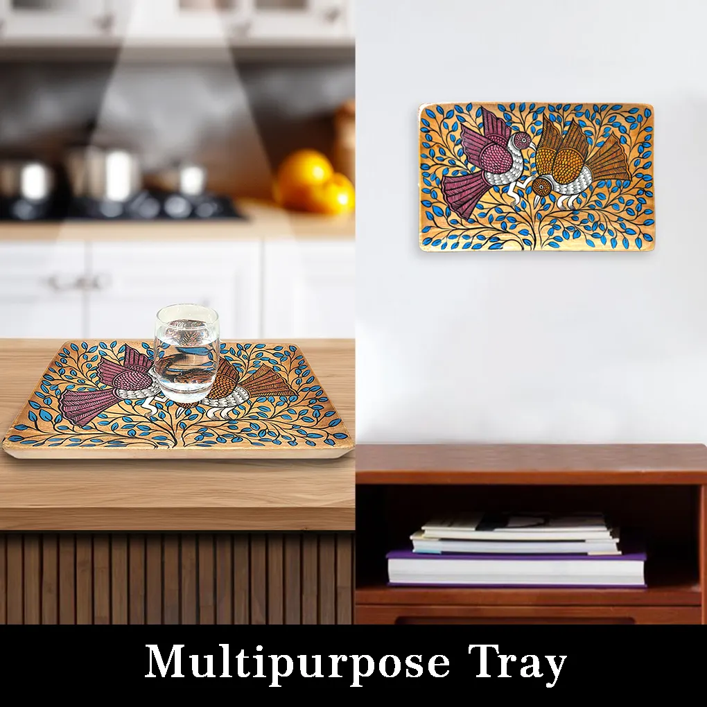 Handcrafted Pattachitra Wooden Serving Tray with Twin Bird Motif | Traditional Indian Folk Art Decorative Tray - Image 4