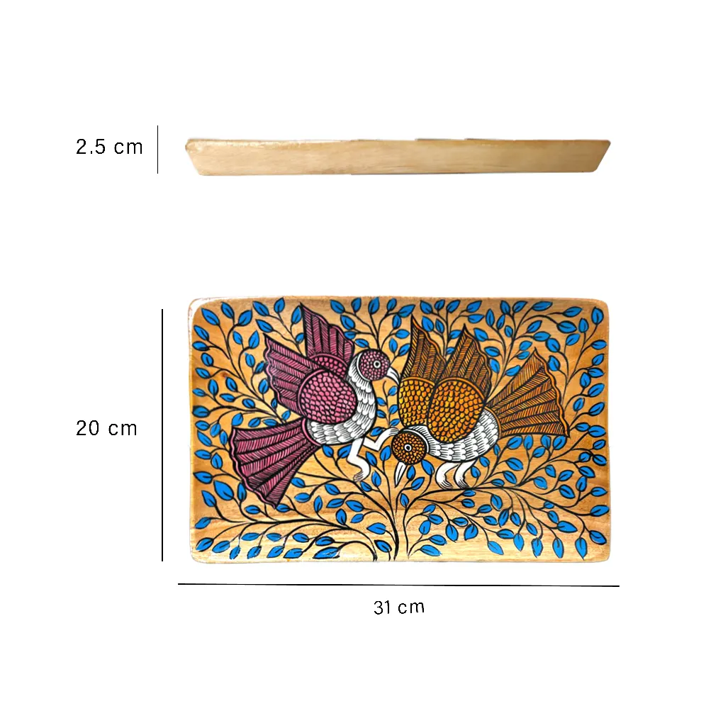 Handcrafted Pattachitra Wooden Serving Tray with Twin Bird Motif | Traditional Indian Folk Art Decorative Tray - Image 5